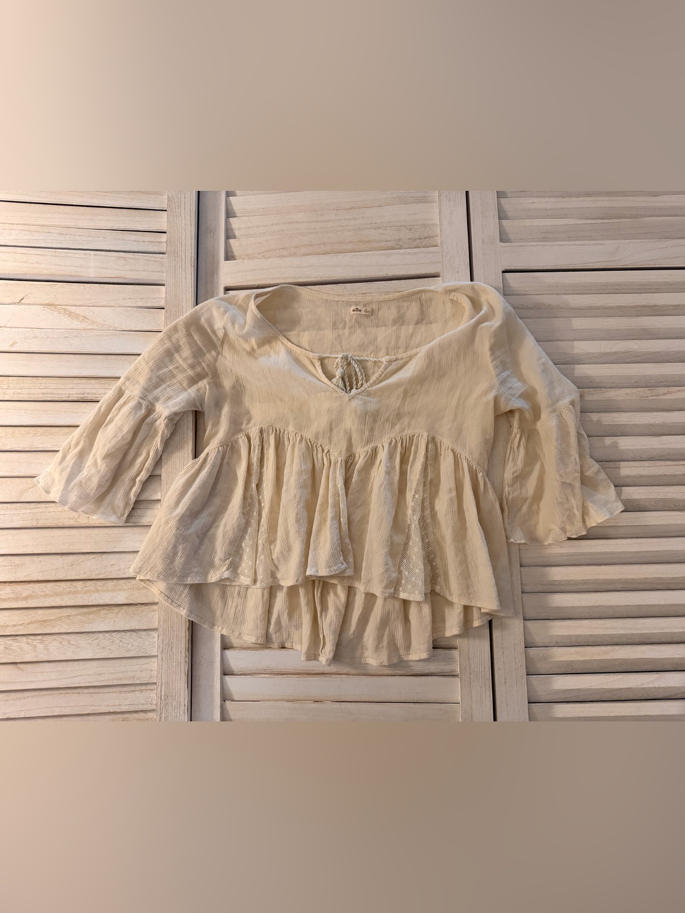 Hollister Cream Ruffled Peplum Blouse with Puff Sleeves